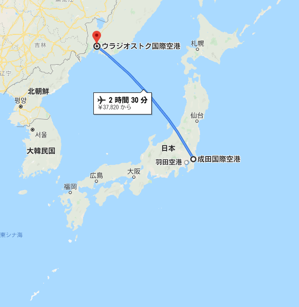 日本からウラジオストクまでの距離を表す地図