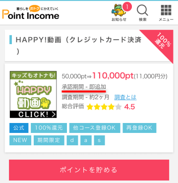 イッキに貯まる!!で還元率が100%の例